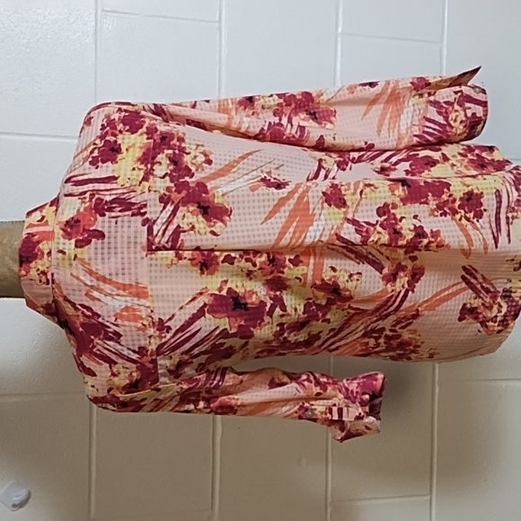 Pink Coral Burgundy Orange Abstract Floral & Check Shirt Roll Tab Sleeve - Picture 3 of 14